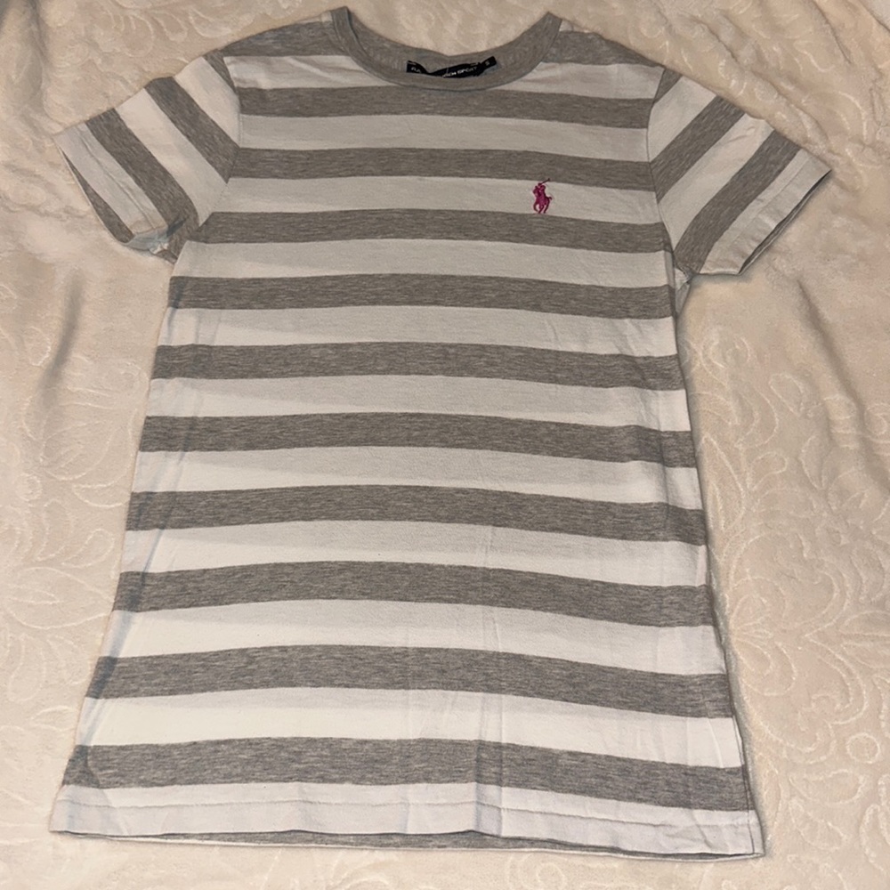 Ralph Lauren Sport Grey/ White Stripe Crewneck Tee Sz S